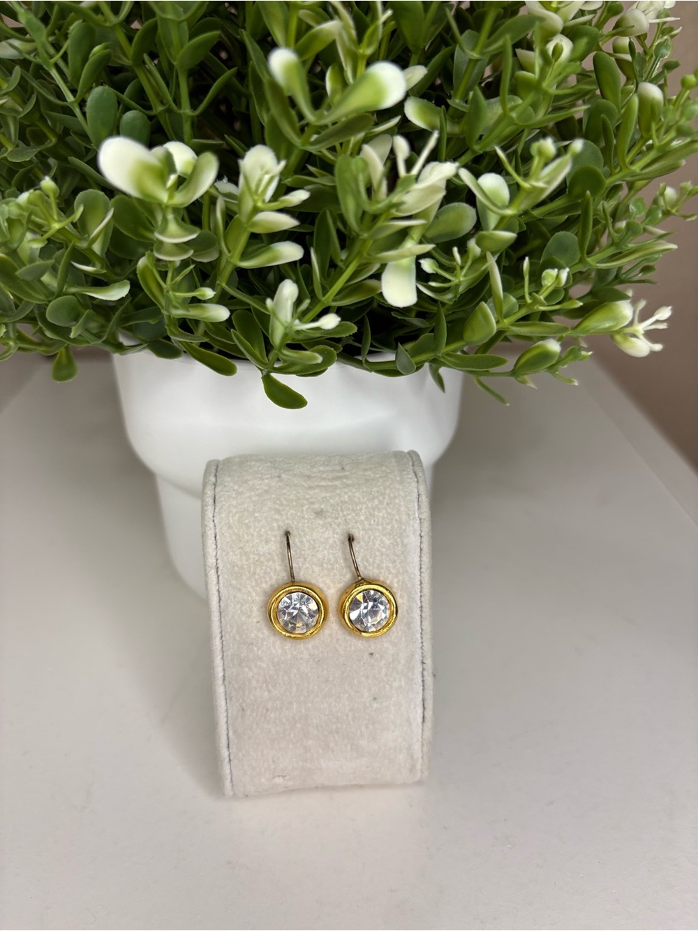 Vintage Gold Tone Bezel Set Clear Crystal Drop Earrings French Hook Dangle